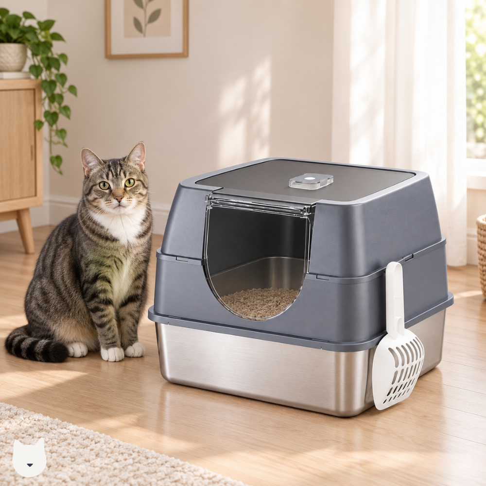 Purrlix Enclosed Cat Litter Box - Low Entry, Stainless Steel Tray